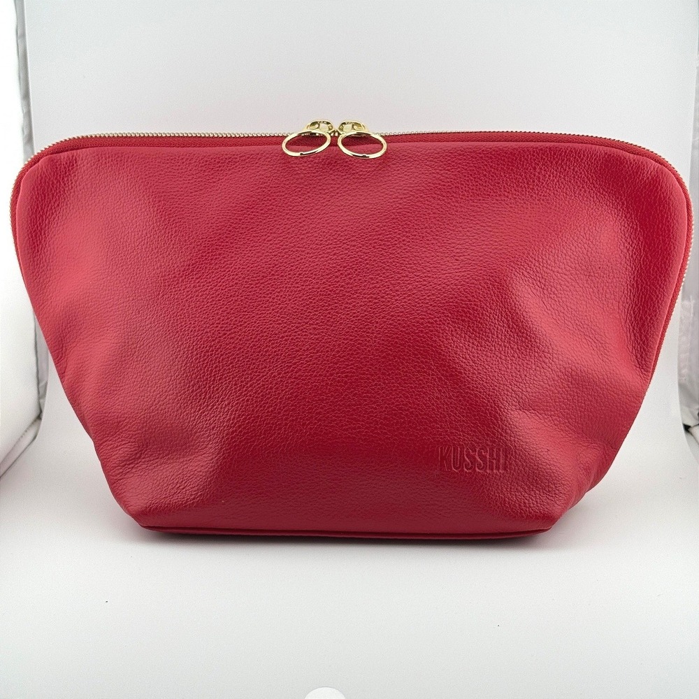 KUSSHI Vacationer Makeup Bag Large Red Pebbled Leather Leopard Travel Cosmetic